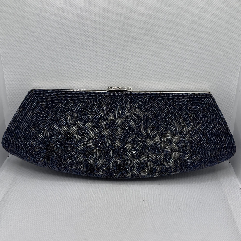 Evening Bag Blue Silver Beaded Shimmer Clutch Purse w/coin Purse & Mirror